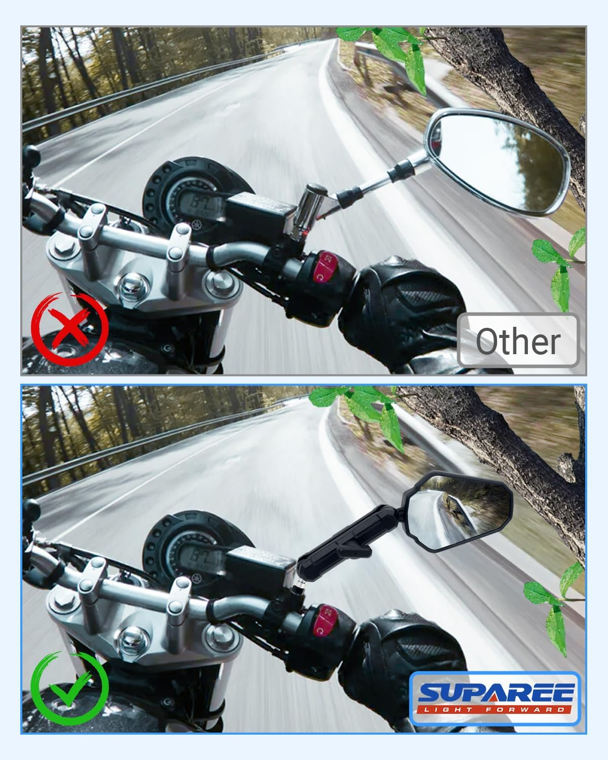 SUPAREE Universal Motorcycle Rear View Mirror Motorcycle Mirror Foldable Off-Road Motorcycle Mirror E-Approved 360&deg; Rotatable with Right Thread and Left Thread Compatible for Scooter ATV image number 6