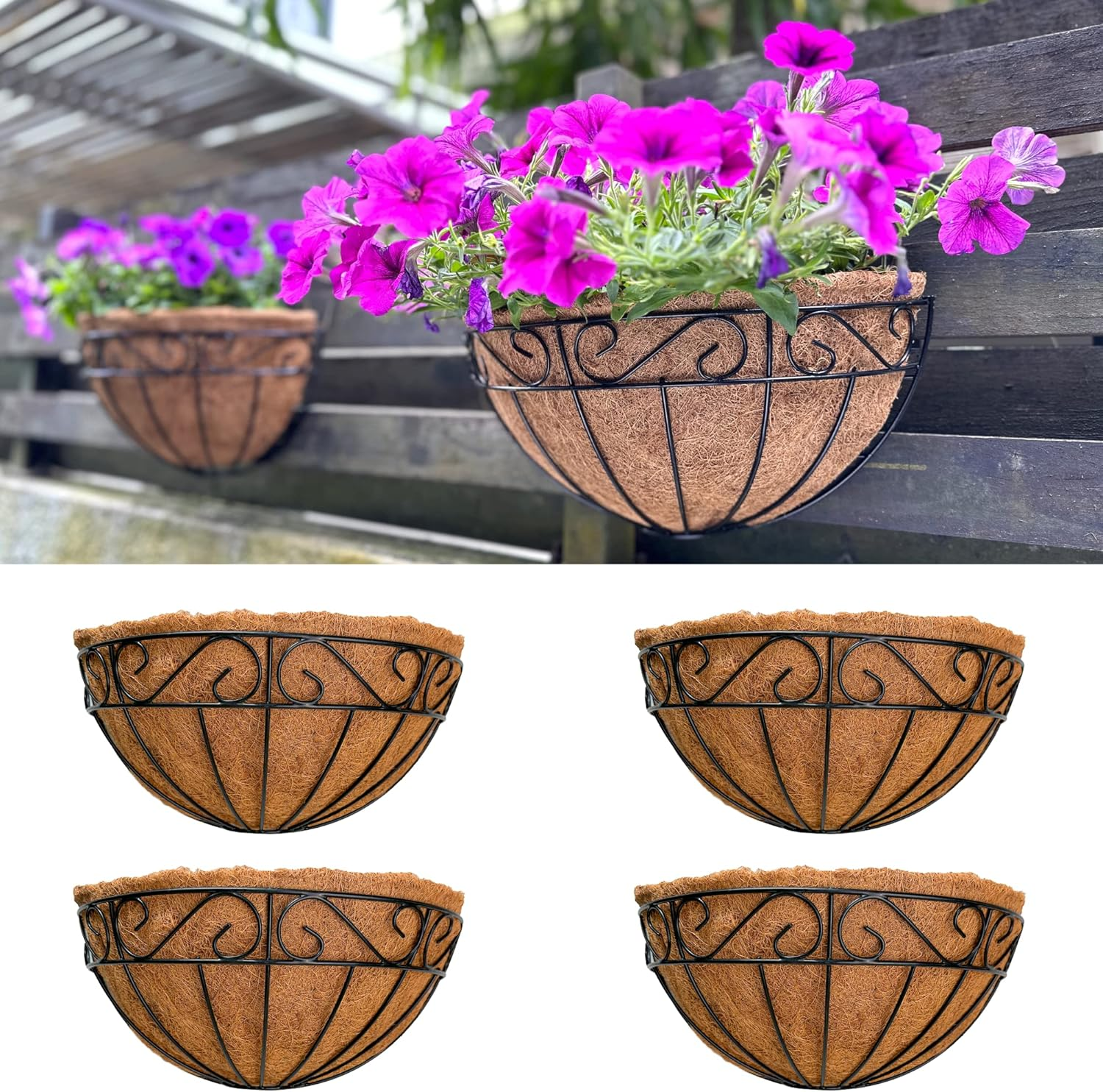 Lalagreen Wall Hanging Planters, 4 Pack, 12 Inch Balcony Flower Baskets with Coco Liner Outside, Outdoor Vertical Garden, Fence Pots Holder Half round Semi Circle Rail Railing Deck Porch Balcony Patio