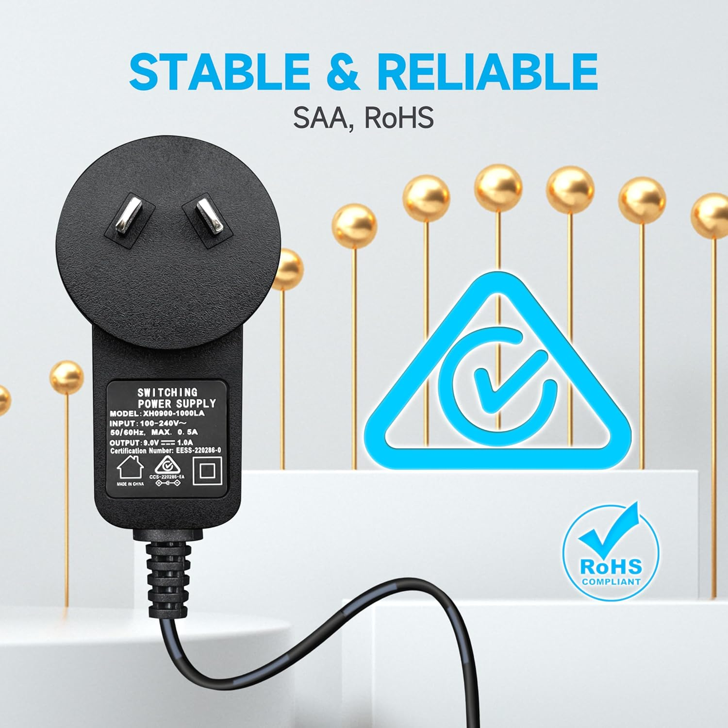 9V 1A/1000Ma Power Supply Adapter with 3M Long Cord, AC 100-240V to DC 9V 1A 9W Switching Adapter PSU Wall Plug for Most Guitar Bass Effect Pedal, Center Negative, SAA Certified image number 2