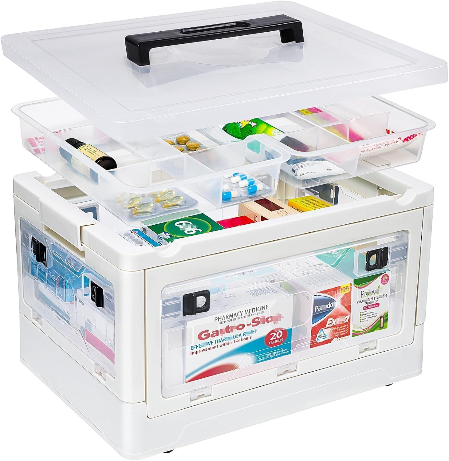Extra Large Medicine Storage Box, Large Capacity First Aid Box, Clear Medical Supply Organizer with 1 Removable Tray, Multipurpose Plastic Medicine Chest with Wheels image number 3