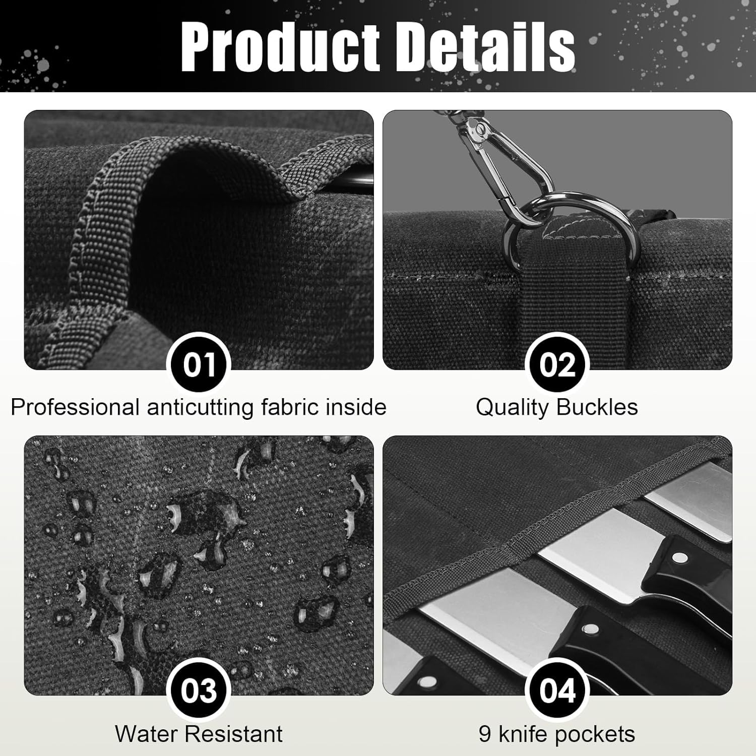 Chef'S Knife Roll Bag - Heavy Duty Waxed Canvas with 11 Slots (10+1 Zipper Pocket), Portable Kitchen Knives Bag for Home/Camping, Waterproof & Shoulder Strap Included (Black) - Black image number 5