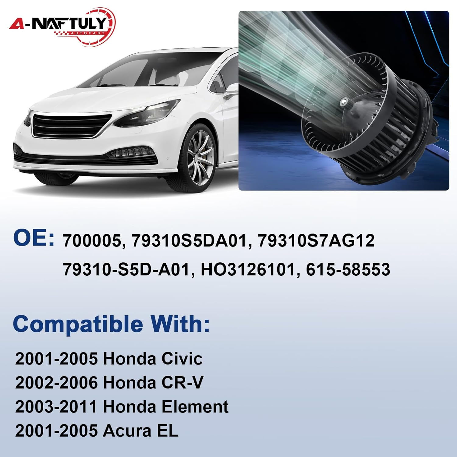 A-NAFTULY AC Blower Motor with Fan Replacement Fits for 2001-2005 Honda Civic, 2002-2006 Honda CRV, 2003-2011 Honda Element, 2001-2005 Acura EL, HVAC Plastic Heater Blower Motor, 700005, 79310S5DA01 image number 2