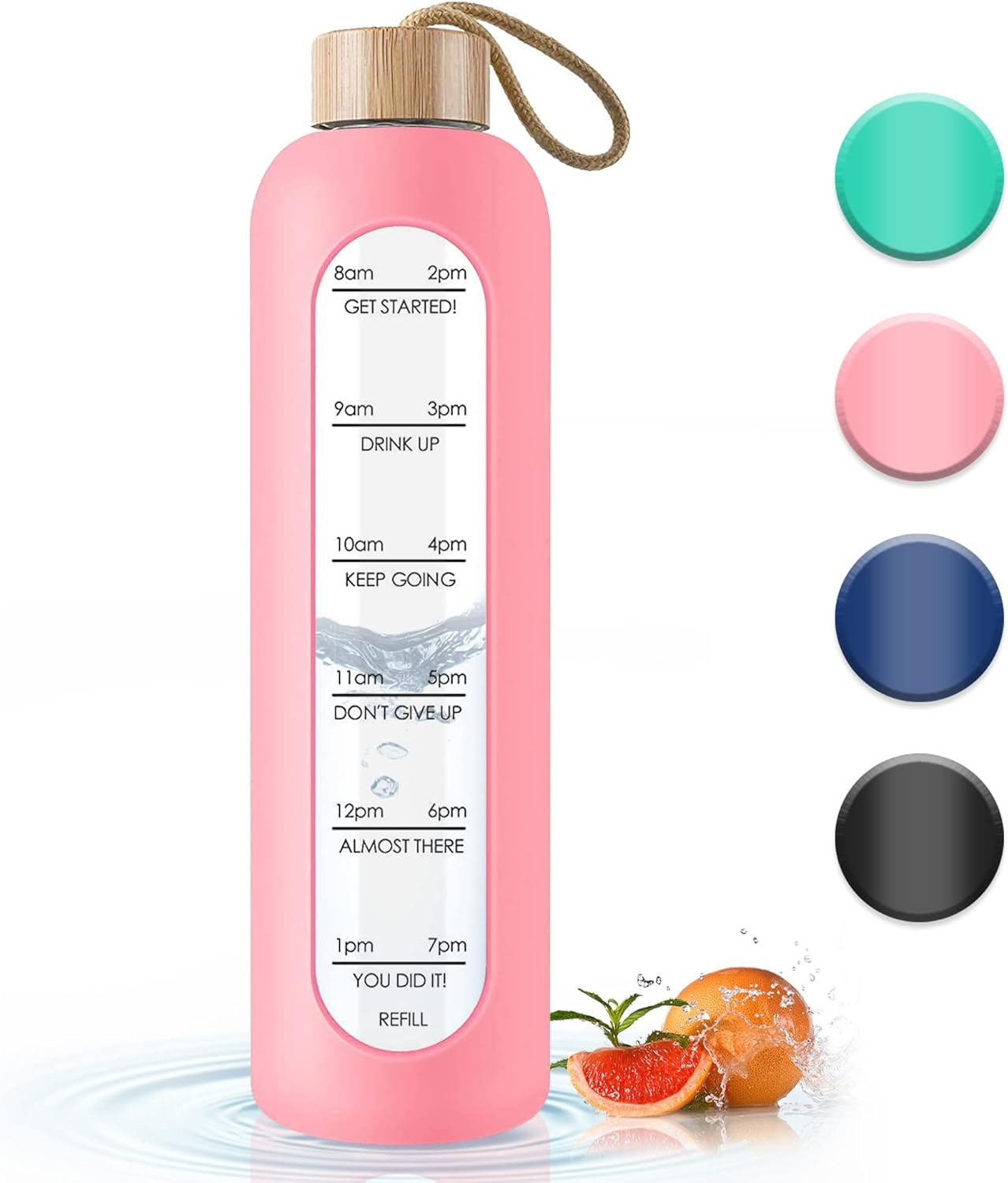 Glass Water Bottle 1 L with Time Markings - 1 Litre Leak-Proof Sports Glass Water Bottle with Bamboo Lid for Sports, Leisure, 1000 Ml Reusable Shatterproof Silicone Cover Water Bottle (White) - Blue image number 3