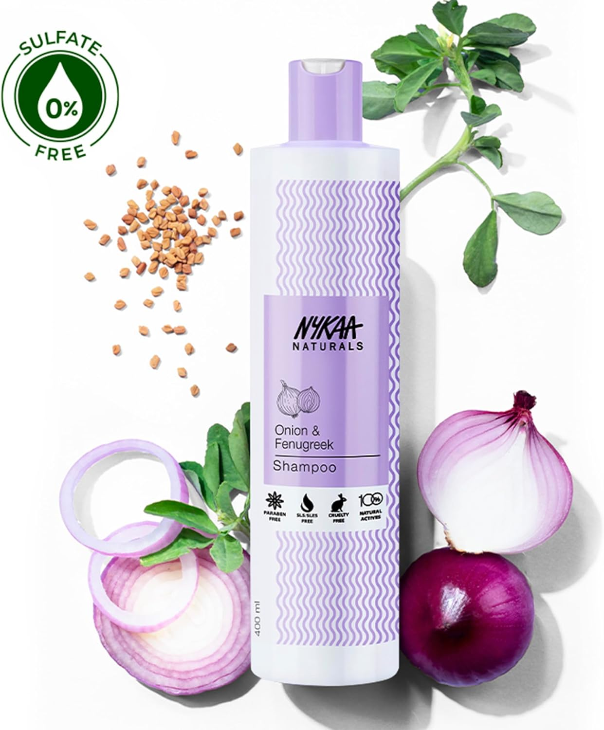 Nykaa Naturals Shampoo - Boosts Circulation to Promote Healthy Hair Growth - Adds Shine and Luster, Strengthens and Moisturizes Strands - Suitable for All Hair Types - Onion and Fenugreek - 13.52 Oz