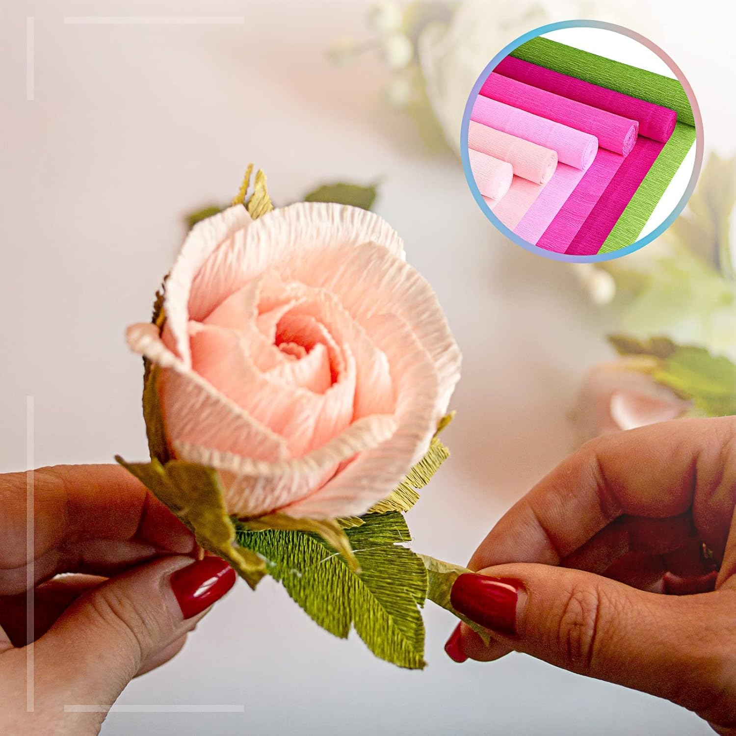 57 Pcs Crepe Paper Flower DIY Kits 6 Rolls 35G Crepe Paper Sheets 50 Pcs Floral Iron Wire 10 Inch X 8 Feet 1 Roll 50 Meter for Birthday Party Wedding(Pink Series, Green)