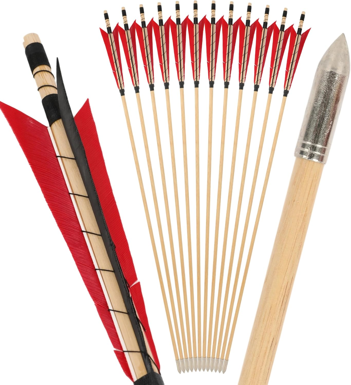 32 Inch Wooden Arrow English Longbow Arrow Target Pracrice Arrow Shaft with 5" Turkey Feather Fletching and Field Point for Recurve Bow Longbow Traditaonal Bow - 6Pcs, 2 Red 1 Black