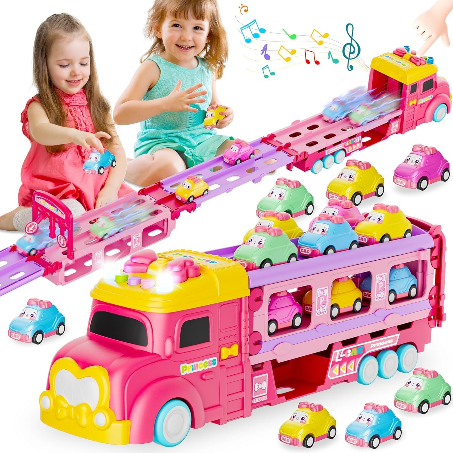 Car Toys for Age 2 3 4 5 6 7 Year Girl Toddler, Foldable Track & 2 Player Race Mode Game, Light & Sound Push Transport Carrier Truck W/ 6 Princess Car, Birthday Gift Idea for Kid image number 2