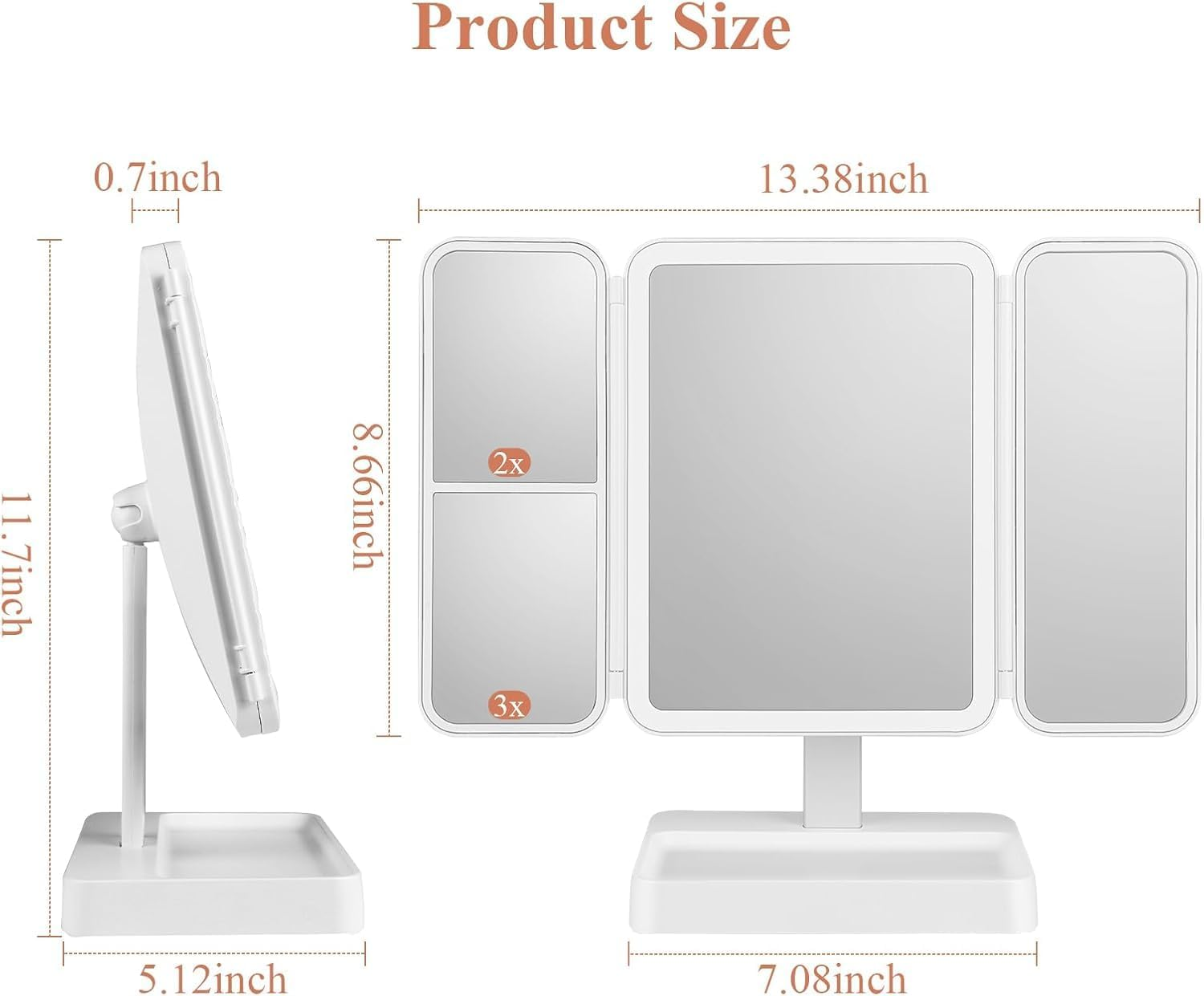 Vanity Mirror with Lights & 2X/3X Magnification &ndash; Touch Control Tri-Fold LED Makeup Mirror | 3 Color Modes, USB Rechargeable (White, Perfect Women&rsquo;S Gift) image number 1