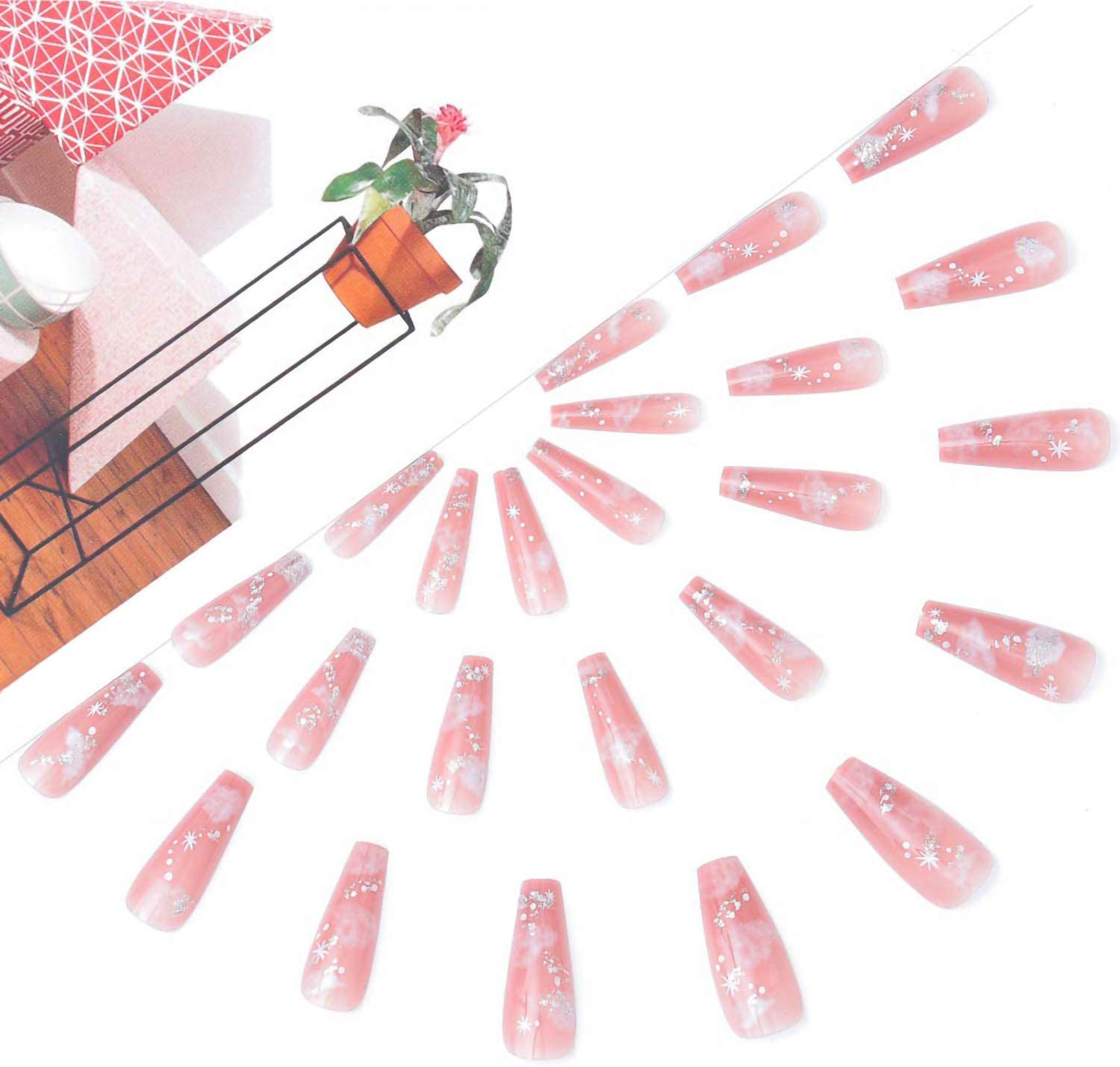 24PCS Nude Cloud Press on Nails,Long Coffin Fake Nails Nude Cloud Ballerina Nail Tips for DIY Nail Art Salon Women Girls image number 5