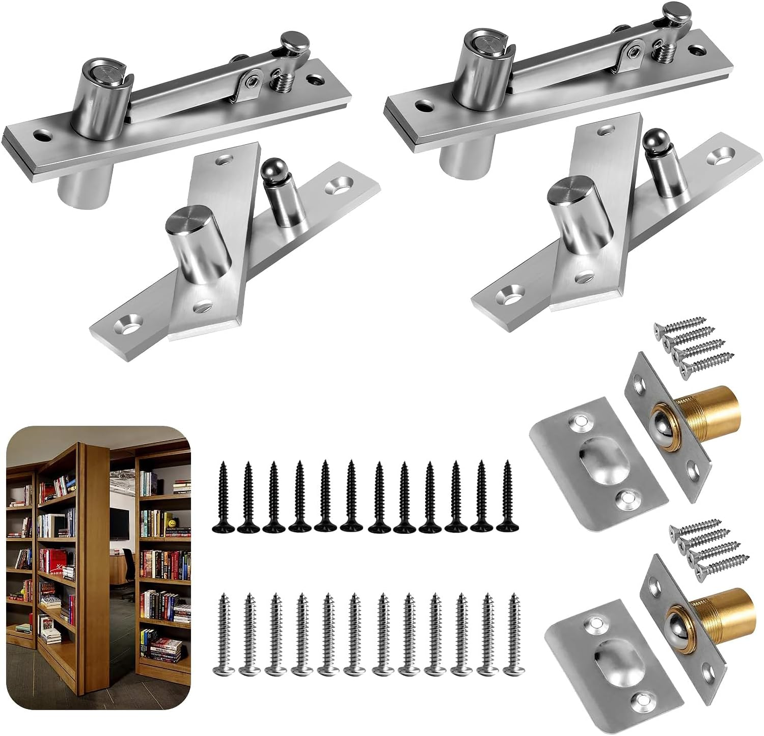 Door Pivot Hinges,Invisible Pivot Hinge System with Door Ball Catch Hardware for Max 200 Lb Heavy Duty Wood Doors & Hidden Door Bookcase & Secret Door (Type I (2PCS)) image number 1