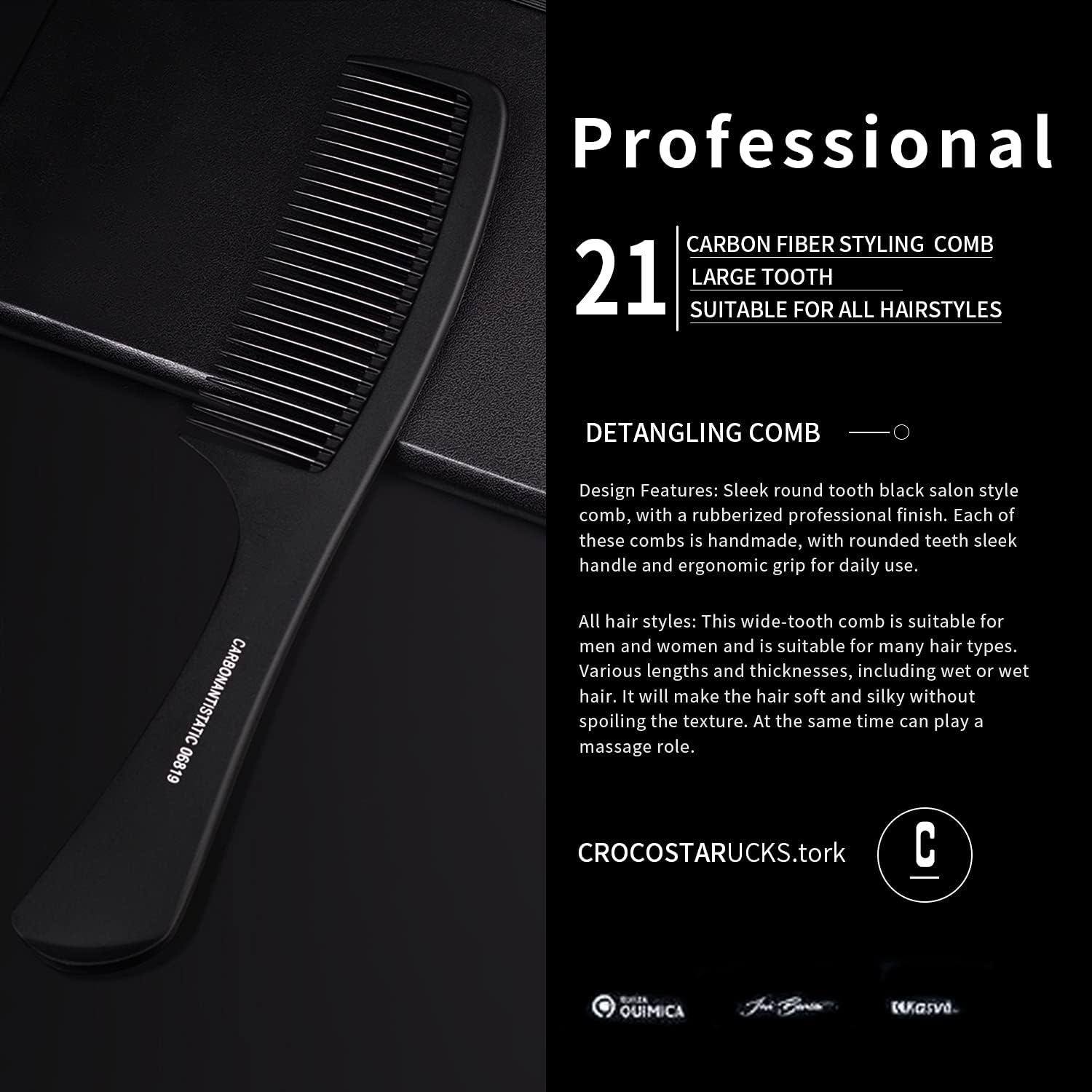 Large Tooth Detangling Comb Professional Handle Carbon Fiber Comb Cutting Hairdressing Comb Styling Essentials round Tooth Comb Barber Tooth Comb Travel Hair Comb for Men Women