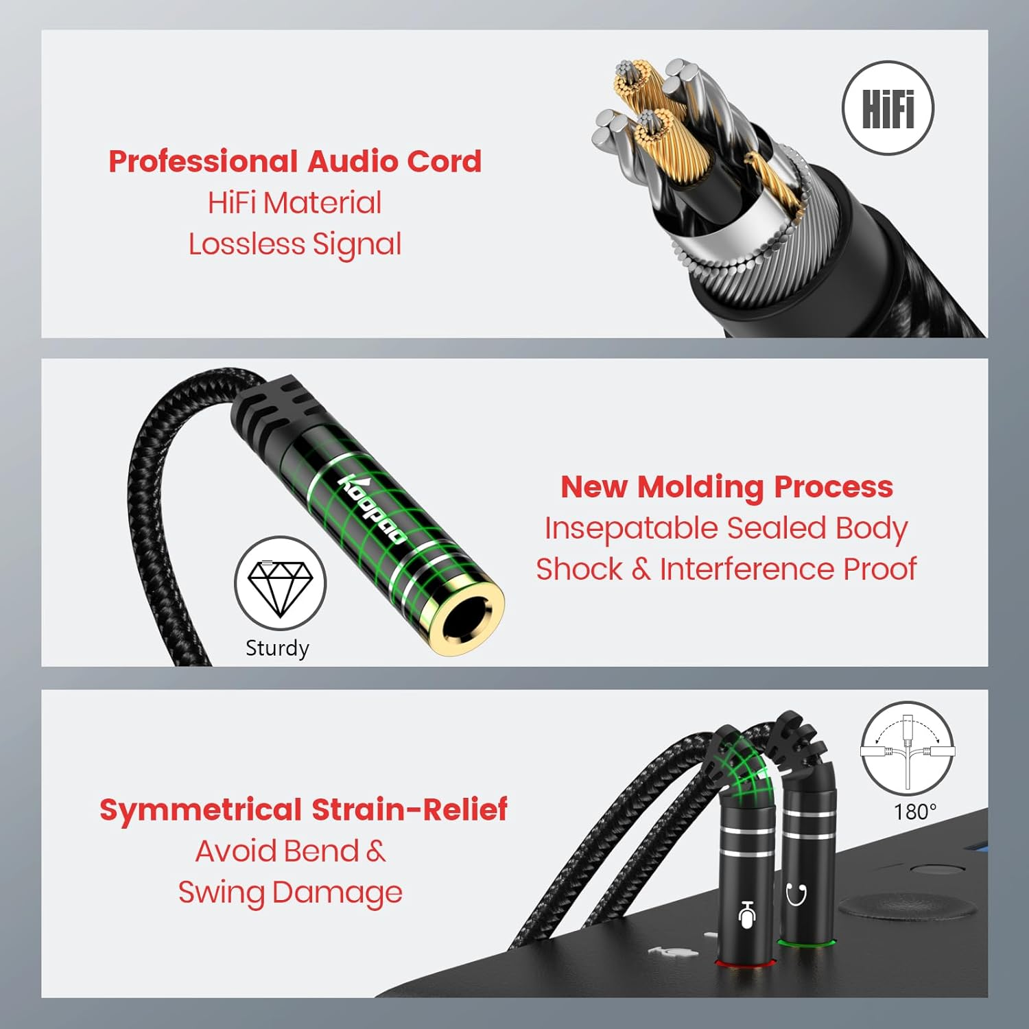 Headphone 3.5Mm Splitter Mic Cable for Computer, KOOPAO Headset 3.5Mm Female to 2 Dual Male Microphone Audio Stereo Jack Earphones Port to Gaming Speaker PC Adapter image number 3