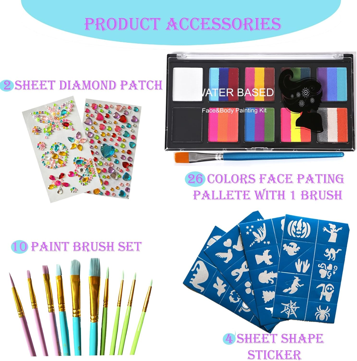 Professional Face Painting Kit with Stencils - 10 Split Cake Face Paint Palettes, Rainbow Non-Toxic Water-Activated Facepaint Makeup Kit for Kids, Adults, Parties, Halloween, Christmas - 10 Sheet With 10 Blue Brushes image number 5