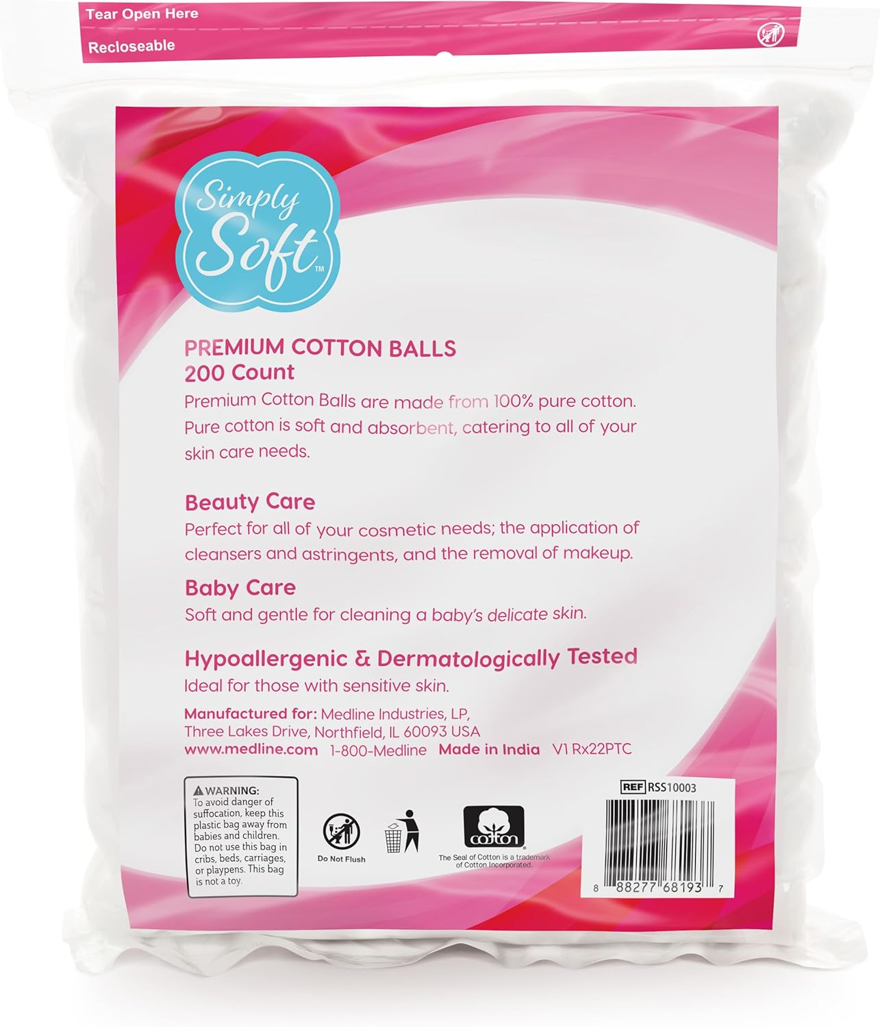 Simply Soft Premium Cotton Balls, 100% Pure Cotton, Absorbent, 600 Count (3 - 200 Count Bags)