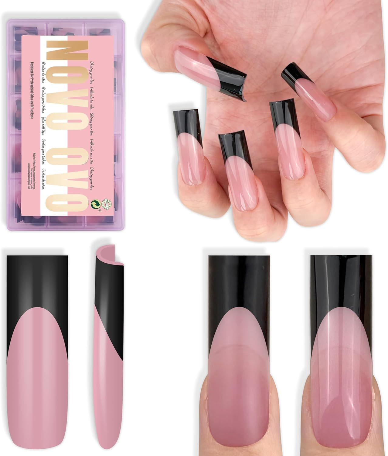 NOVO OVO Long Sharp Square Black French Tip Nail Tips Press on Berry Pink, Extra Thick Need Builder Gel & Top Coat & Glue, Soft Gel Extension Full Cover for DIY 15 Sizes, Pack of 180 image number 5