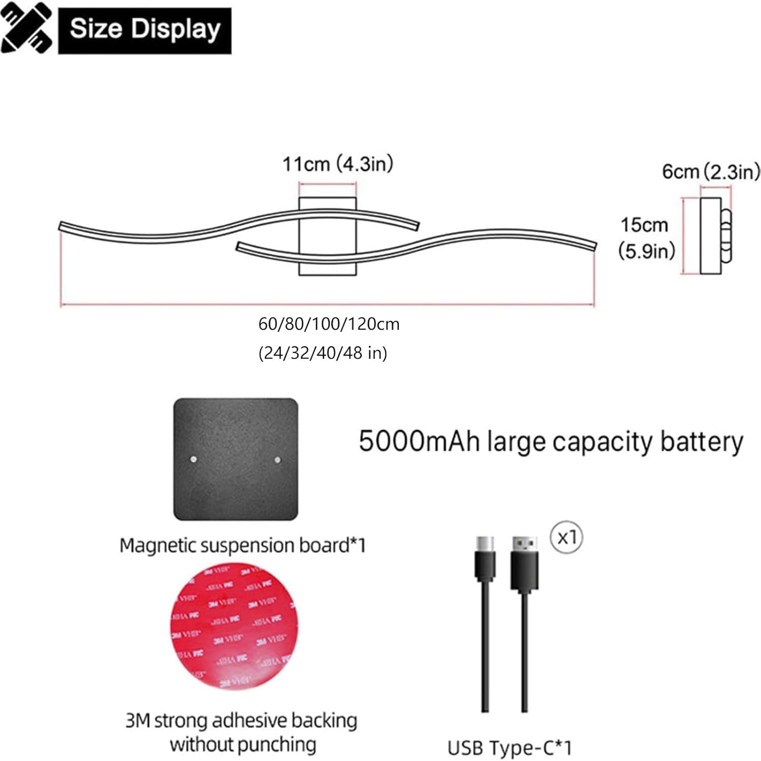 LED Vanity Mirror Wall Light 5000Mah Battery Operated Indoor Wall Sconce USB Modern Wave Shape Design Wall Lighting Fixtures Wall Lamp for Living Room Hallway Bedroom (120Cm,White White Light) XXZ image number 1