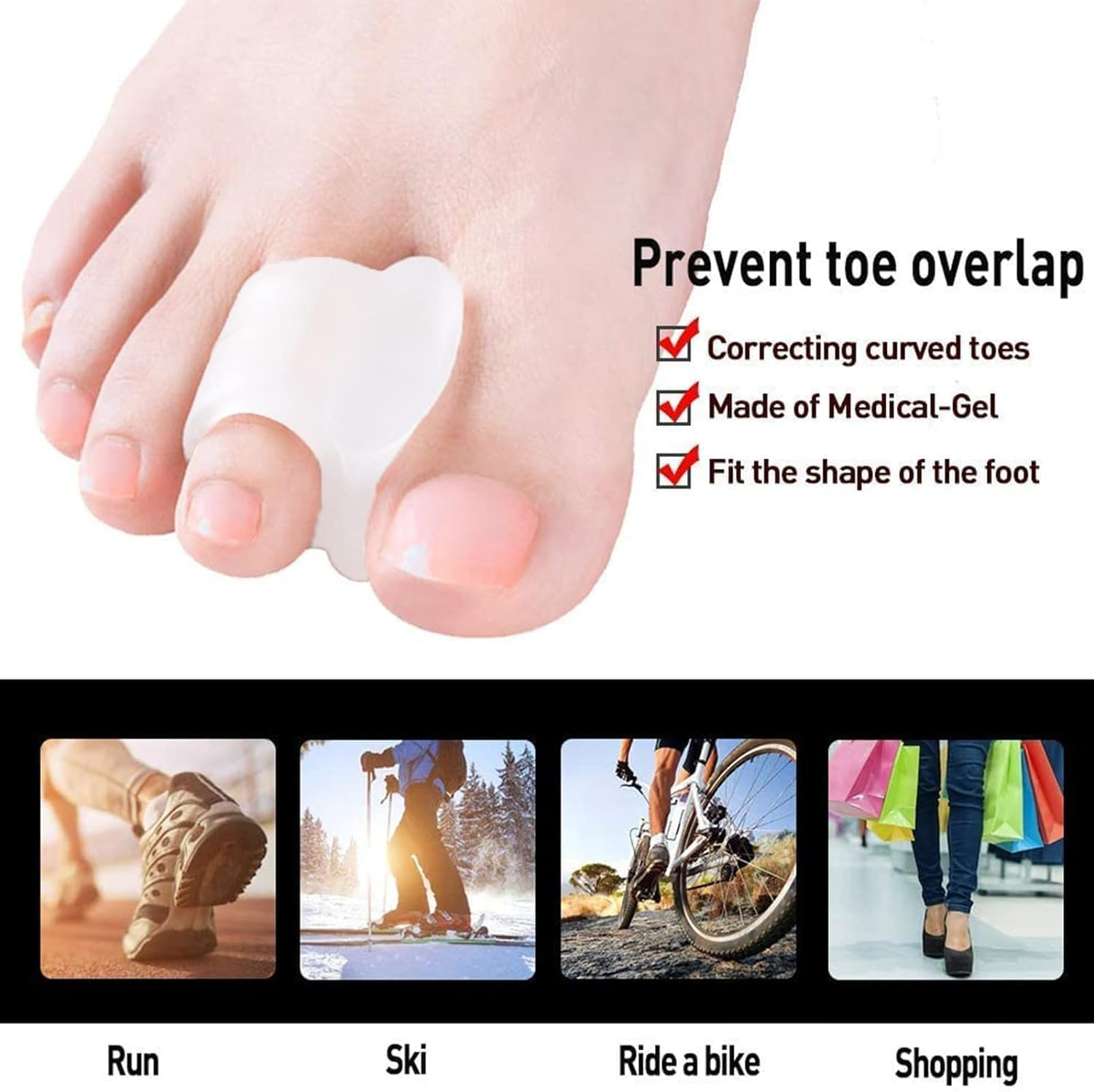 Gel Toe Separators for Overlapping Toes, 4 PCS Bunion Big Toe Straighteners, Thumb Tail Finger Ring Nursing Pad Split Toe Corrector Fixator for Hallux Valgus, Correctior Hammer Toe Relieve Pain (White) image number 3