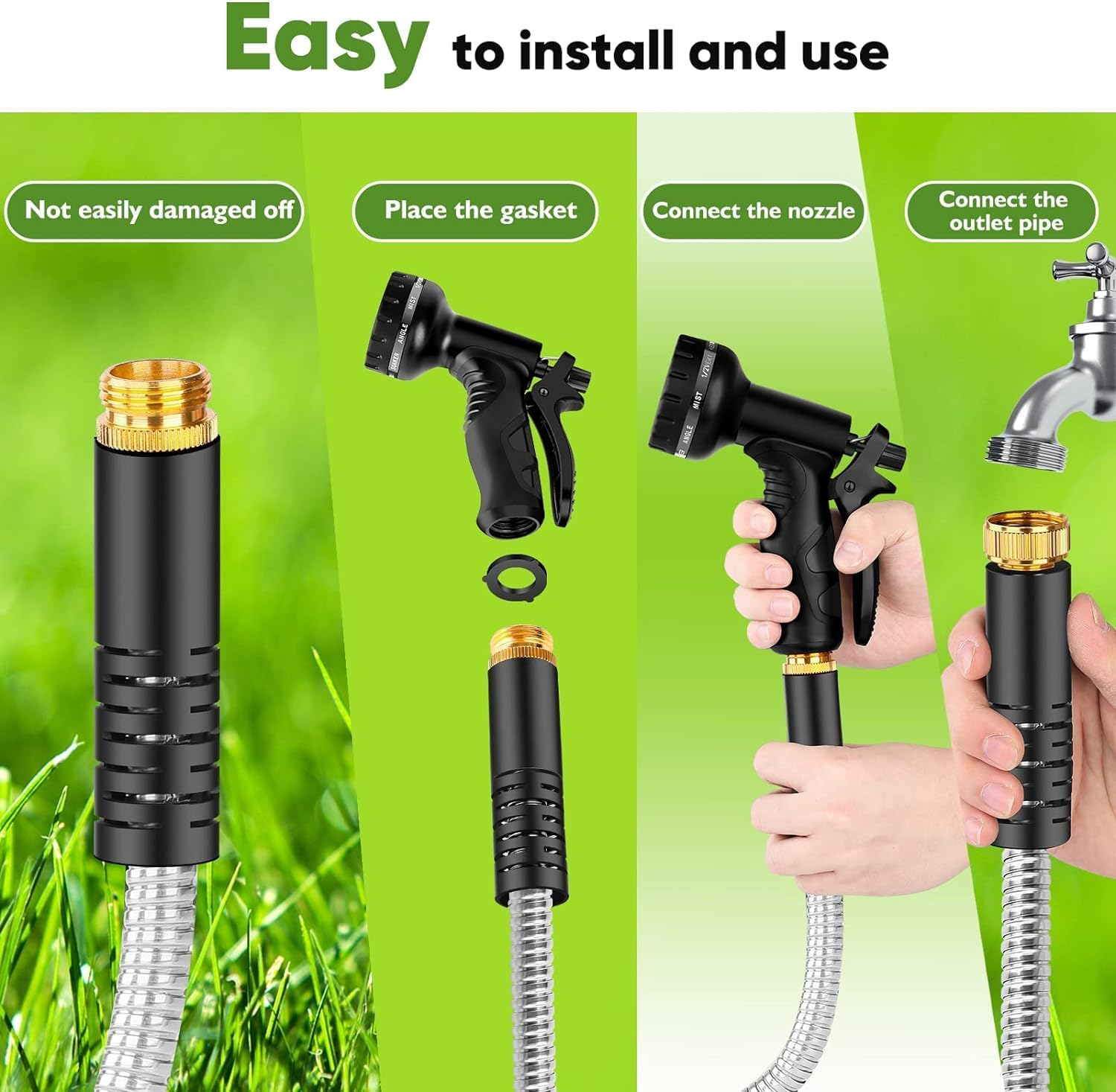 Garden Hose Metal 100FT, Stainless Steel Heavy Duty Water Hose with 10 Function Nozzle, No-Kink, Tough & Flexible, Sturdy and Lightweight, Rust Proof for Yard, Outdoor, RV image number 2