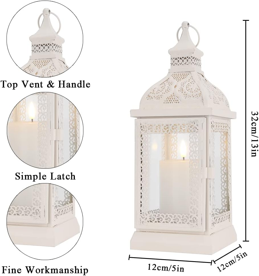 TRIROCKS Rustic Style Metal Candle Lantern 32CM High Decorative Hanging Lantern Candle Holder with Clear Glass Perfect for Living Room Garden Yard Patio Parties Events Indoors Outdoors(White) image number 1