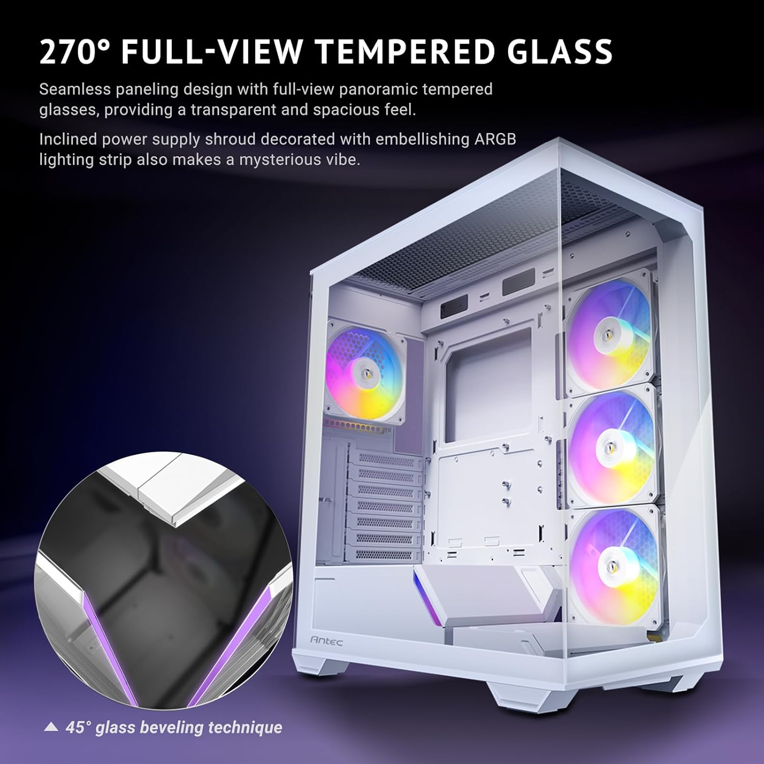 Antec C3 ARGB White, 3 X 120Mm & 1 X 120Mm ARGB PWM Fans Included, up to 8 Fans Simultaneously, Type-C，Seamless Tempered Glass Front & Side Panels, 360Mm Radiator Support, Mid-Tower ATX PC Case image number 6