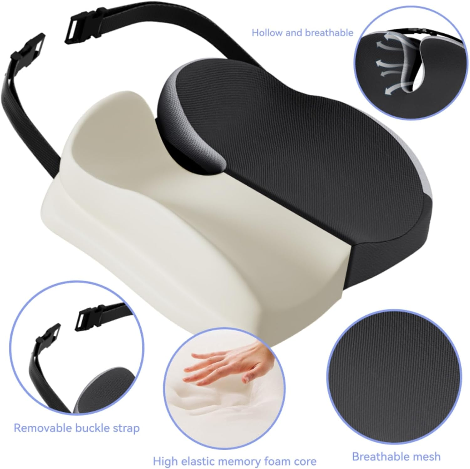 Seat Cushions for Office Chairs Wheelchair Cushion for Long Sitting Back Pain，Memory Foam Seat Car Computer Desk Chair Cushion，Coccyx Cushion for Tailbone Pain Relief Cushion Office Chair Butt Pillow - Black image number 3