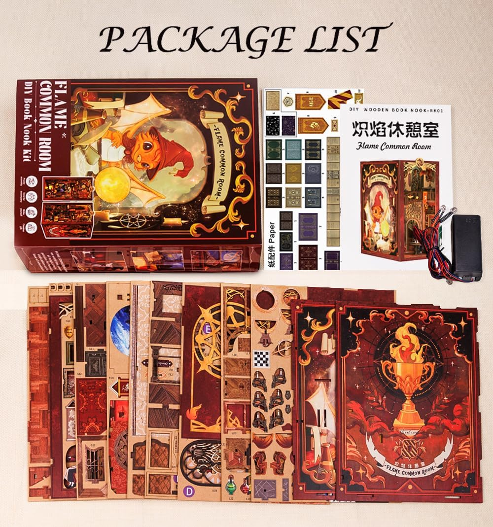 CUTEBEE DIY Book Nook Kit - 3D Wooden Puzzle Miniature Dollhouse with Dust Cover, Bookshelf Insert Decor for Adults (Flame Common Room)