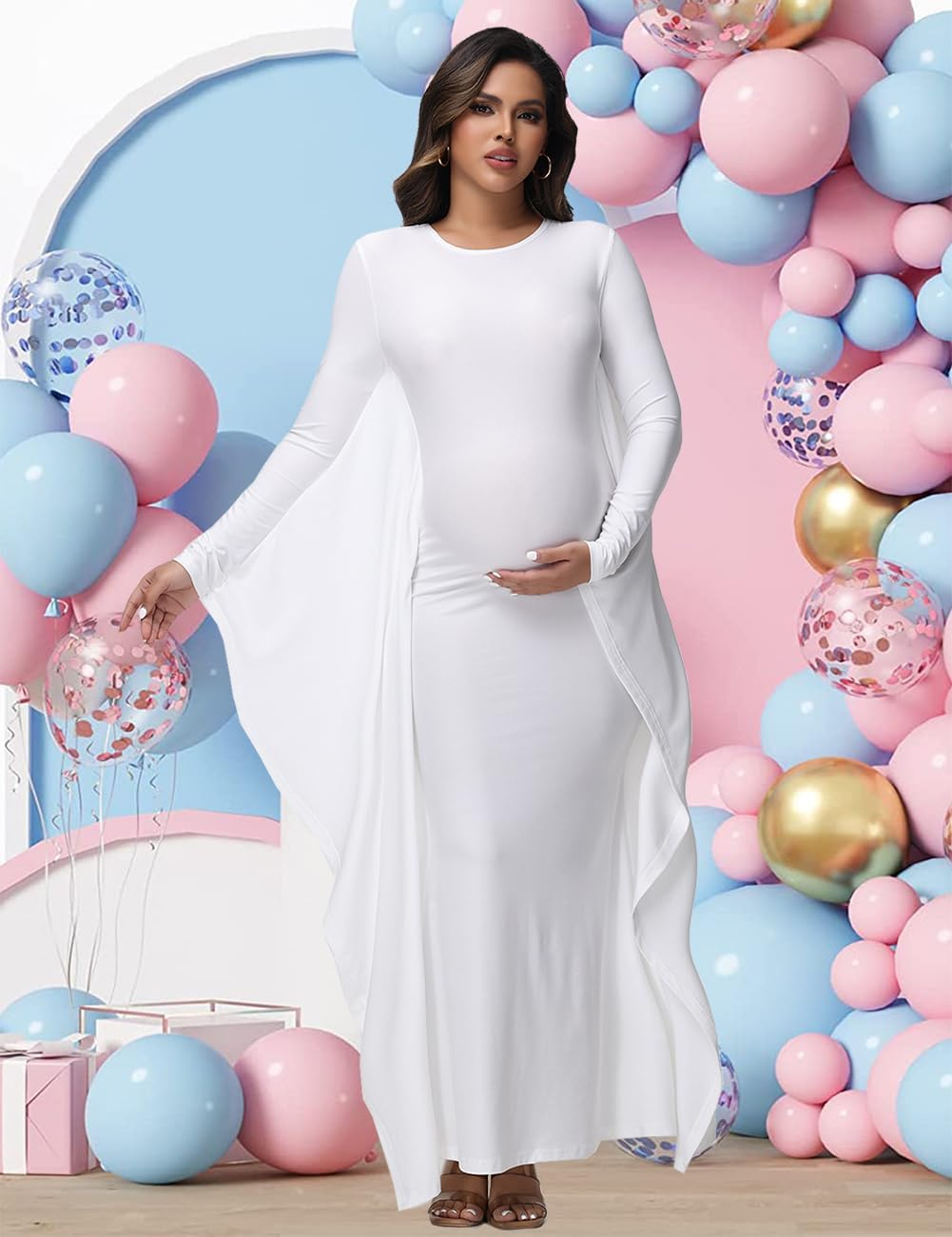 Justvh Women'S Maternity Batwing Sleeves Pregnancy Baby Shower Maxi Photography Dress for Photoshoot image number 4