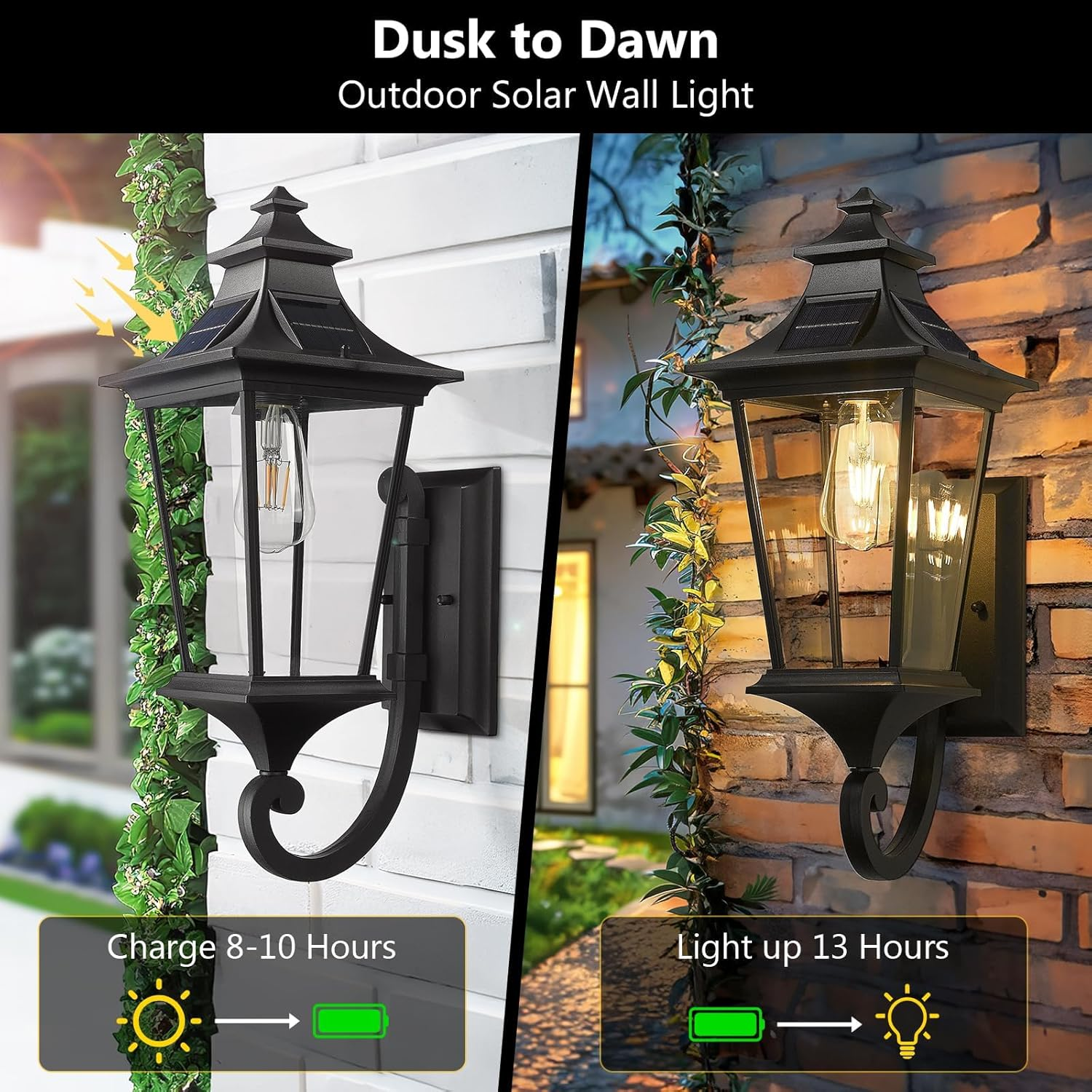 EMLIVIAR Solar Exterior Front Porch Light with Remote Control, 3 Lighting Modes Waterproof Solar Wall Lantern, Auto On/Off Black outside Light with Clear Glass, 500181-SL BK image number 5