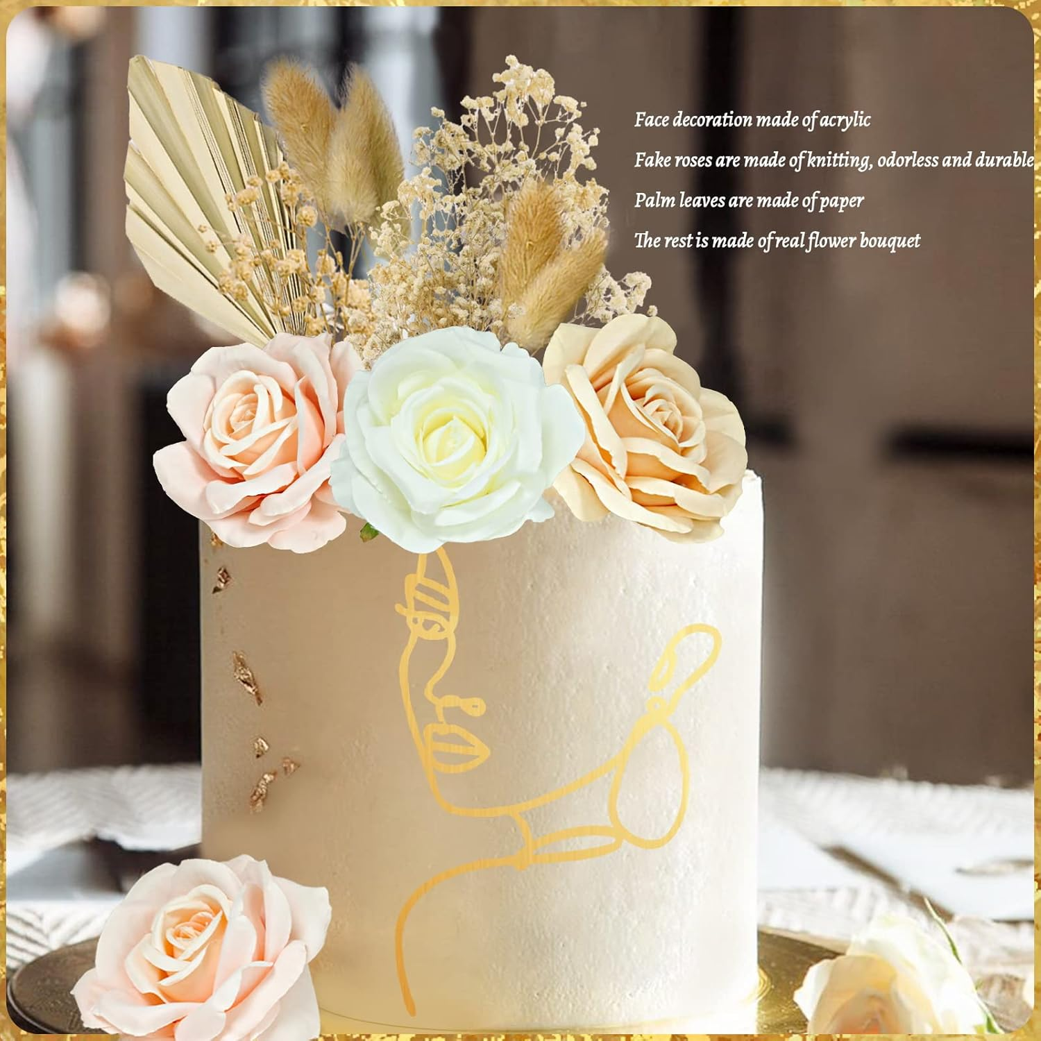 Morofme 21Pcs Boho Cake Decor - Acrylic Minimalist Art Lady Gold Face & Vintage Artificial Rose Flower Leaves for Bohemian Birthday Wedding Bridal Baby Shower image number 3