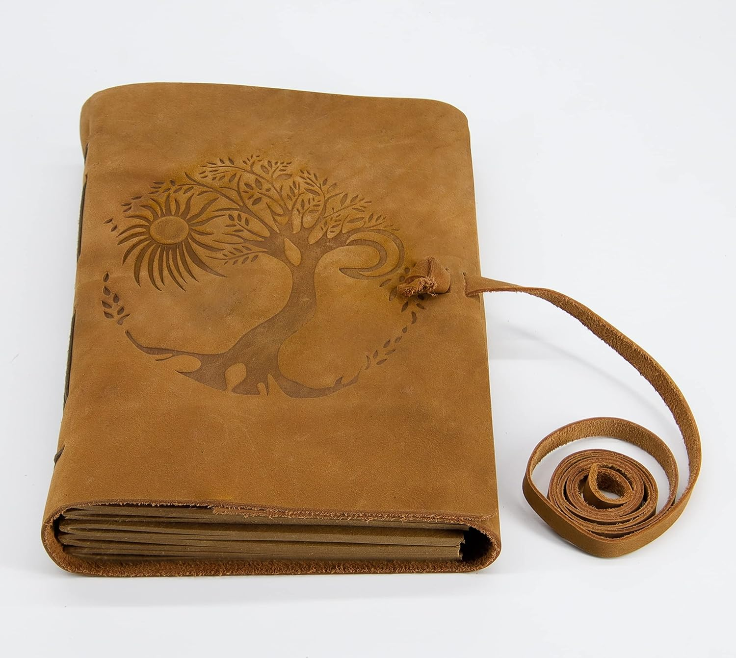 Leather Journal for Women and Men Embossed 8 X 6 Inch Handmade Lined Craft Paper Tree of Life Sun and Moon Notebook Writing Notepad Book of Shadows Journal image number 5