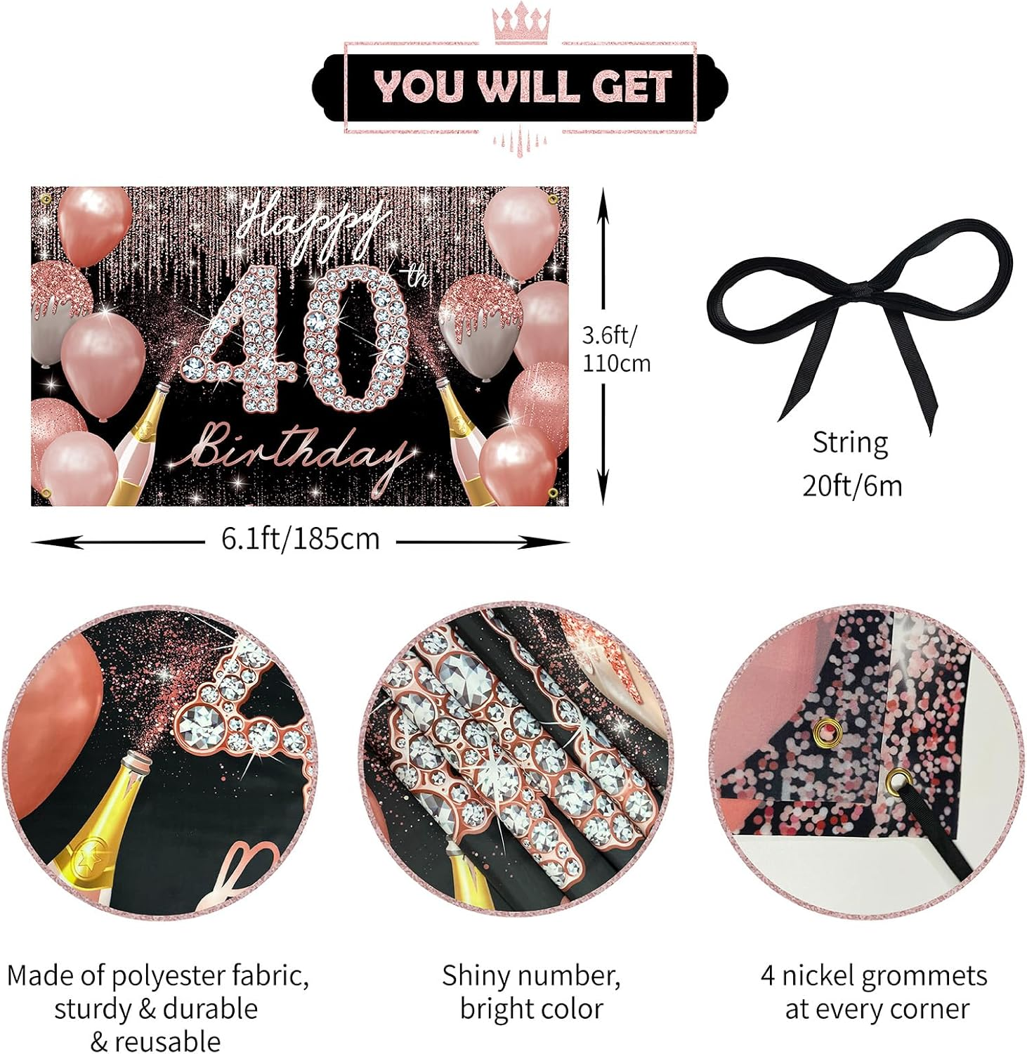 PHXEY Happy 40Th Birthday Backdrop Banner, 40Th Birthday Decoration for Women Rose Gold, 40 Year Old Birthday Party Yard Sign Photo Booth Props Background Poster, Forty Bday Decor, Fabric, image number 2