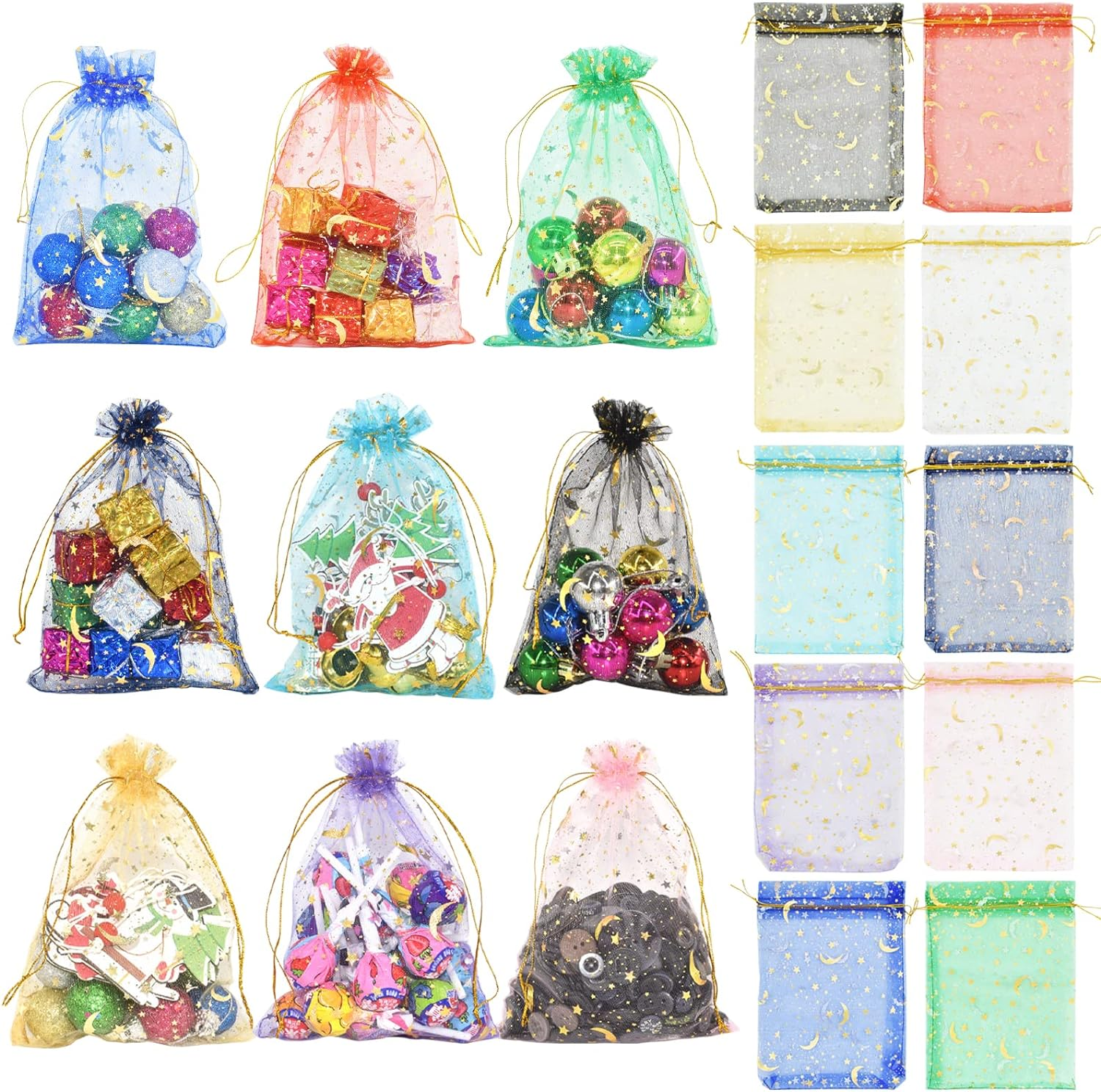 100PCS 5X7" Organza Gift Bags 10 Color Wedding Favor Bags Jewelry Gift Bags Candy with Drawstring for Party, Jewelry, Christmas, Festival, Makeup Organza Favor Bags (Moon Star)