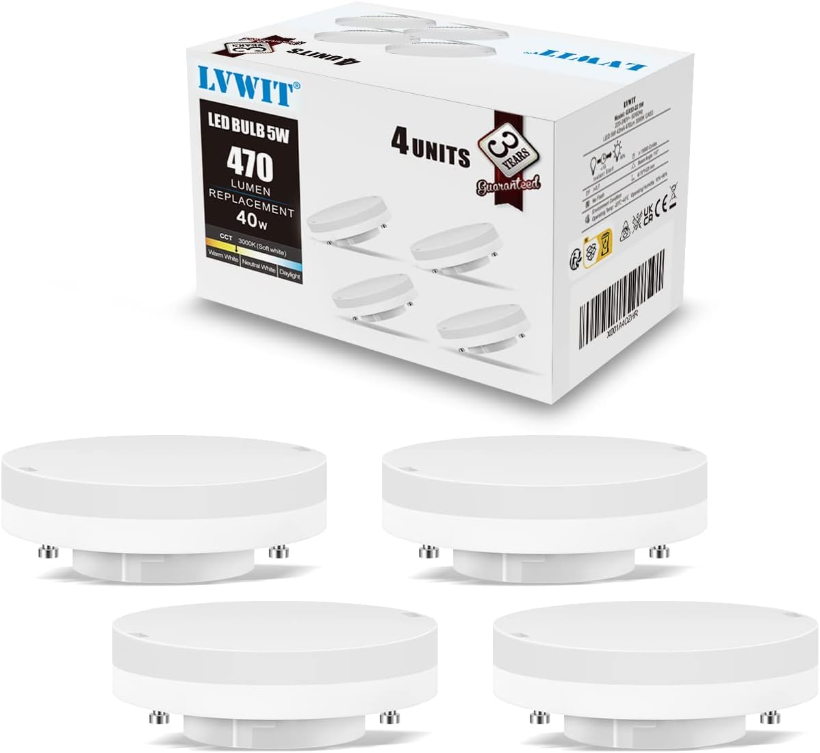 LVWIT GX53 LED Light 5W Warm White, GX53 Bulb Dimmable, Flicker-Free, Replacement 40W Bulb, 470 Lumen, 3000K, 110 Degree, CRI > 80, Recessed Spotlight GX53 for Cabinet Lights, Pack of 4 image number 6