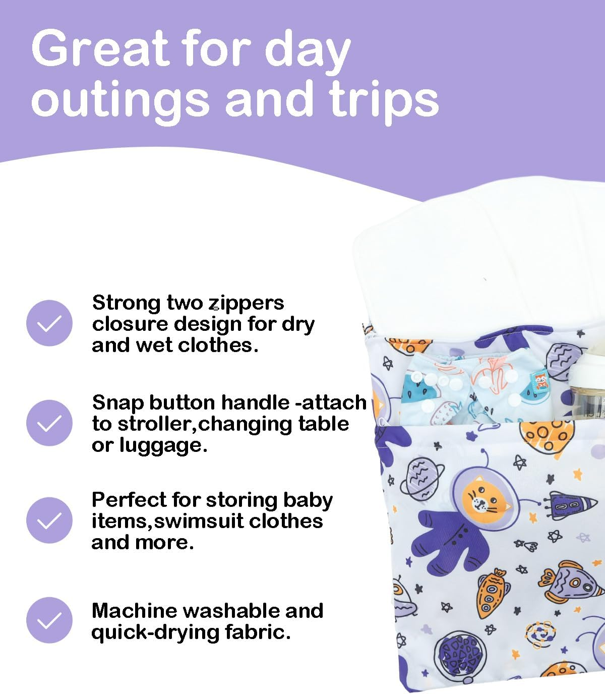 ALVABABY 3 Cloth Diaper Wet Dry Bags Waterproof Reusable with Two Zippered Pockets Travel Beach Pool Daycare Soiled Baby Items Yoga Gym Bag for Swimsuits or Wet Clothes Small Medium Large 3L-ZM28 image number 2