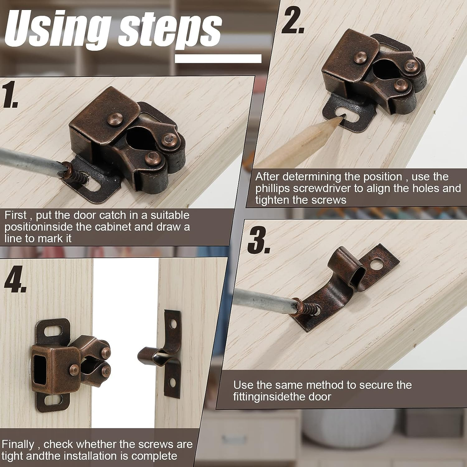 Double Roller Catch Cabinet Latch,20Pcs Hardware Roller Catch Brown Antique Copper Catch Door Latch with Screws,Door Roller Catches, Bronzed Twin Cupboard Latch Cabinet Door Catches with Screws image number 1