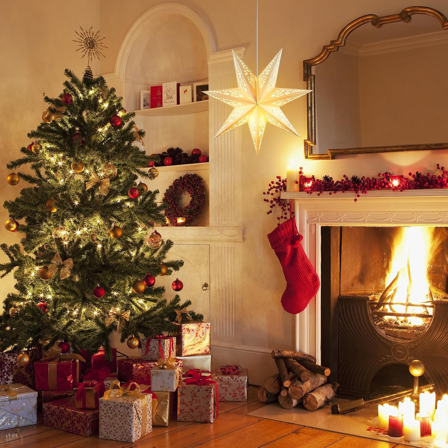 Zerodeko Star Shaped Paper Lampshade, 17. 71 Inch White Hollow Out Decorative Cover Paper Star Lantern for Bedroom, Party, Festival, and Holiday Decor image number 5