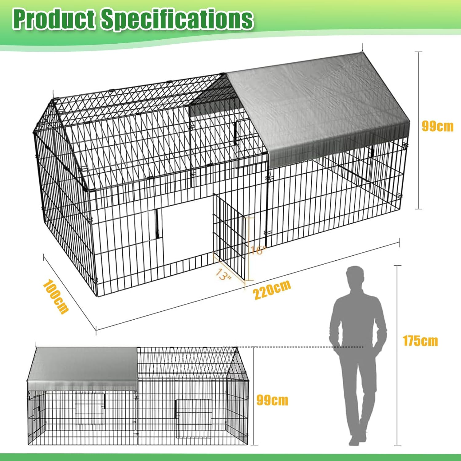 YSOAE Large Metal Chicken Coop, 220X100Cm Chicken Run Cage, Heavy Duty Duck Cages for Yard, Portable Chicken Pens Outdoor with Top, Enclosure Crate Backyard for Small Animals Duck Rabbit Hen image number 4