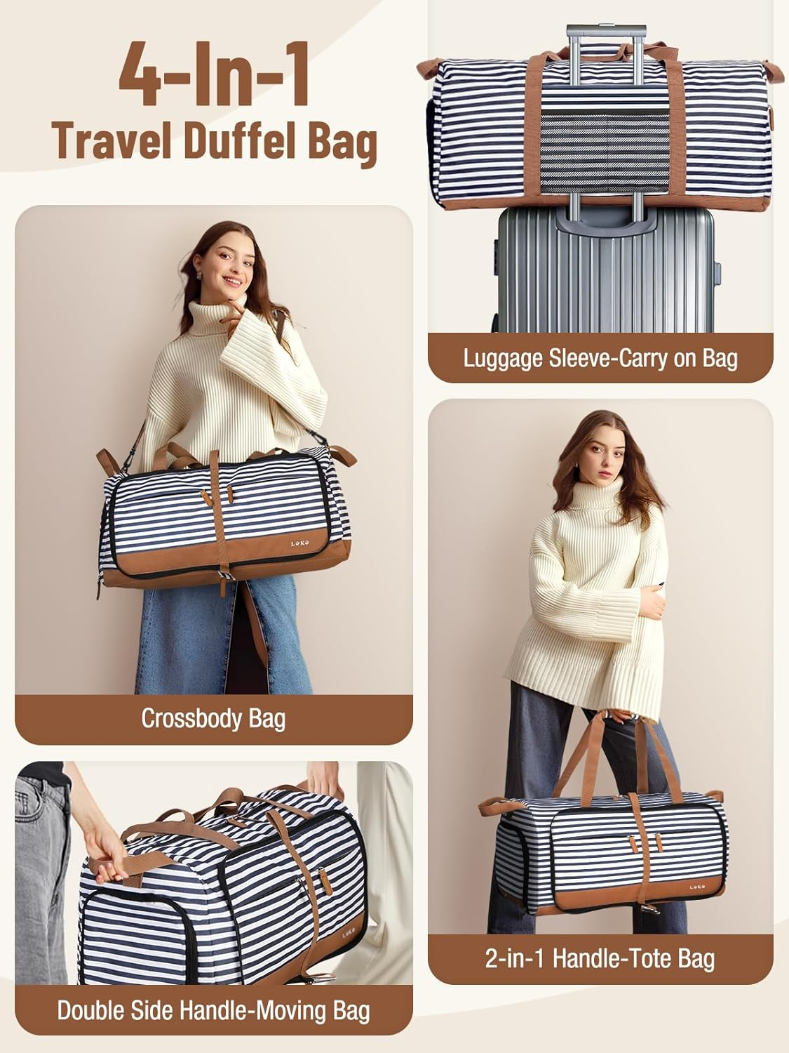 Lekebobor Travel Duffel Bag for Women, 80L Foldable Water-Resistant Large Duffle Bag with Separate Shoes Compartments & Straps, Collapsible Overnight Weekender Bag, Gym, Hospital,(Brown Stripes, 80L) image number 4