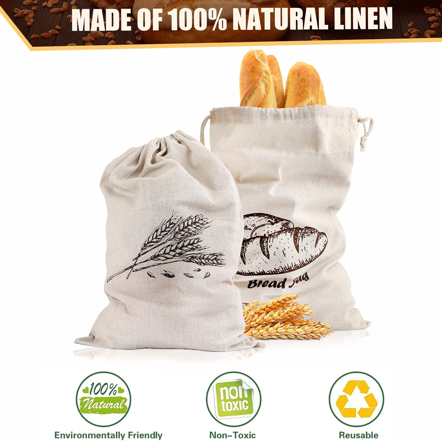 Linen Bread Bags for Homemade Bread, 4 Pcs 17.5 X11.5 Inches Unbleached & Reusable Bread Storage, Natural Large Storage for Artisan Bread image number 3