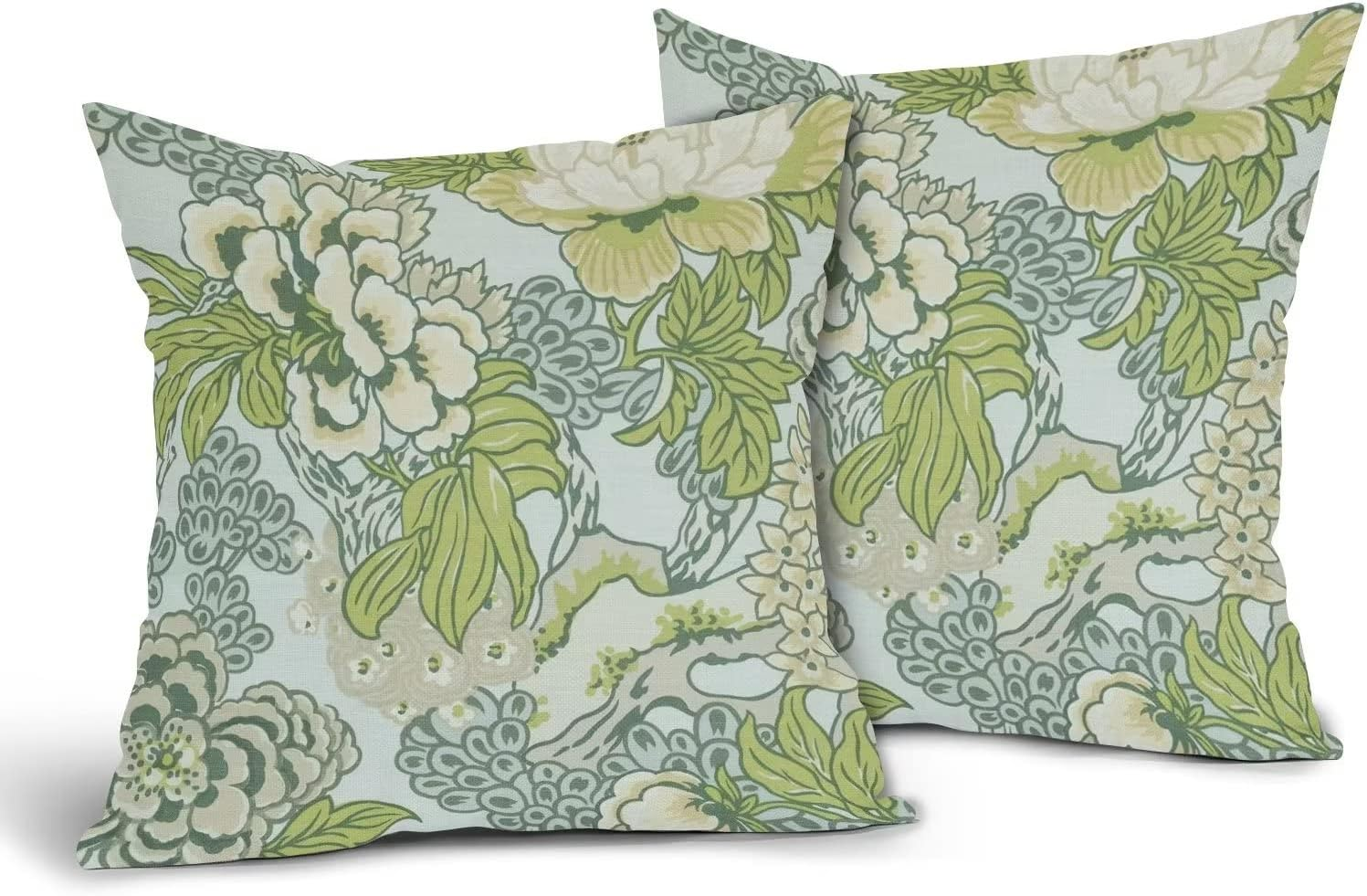 Sweetshow Spring Green Flowers Chinoiserie Pillow Covers 2 Packs 20X20 Inch Lighe Green Floral Throw Pillows Vintage Sage Green Decor Cushion Cover Linen Patio Furniture Sofa Bedroom Indoor Outdoor image number 2