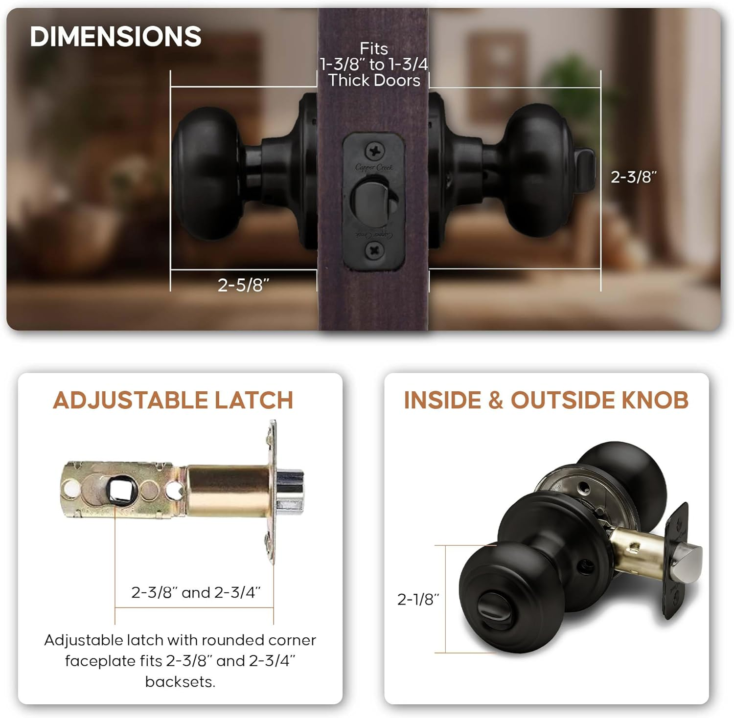 Copper Creek Matte Black Door Knobs - round Colonial Knob with Privacy Locking Function for Home Improvement, 2 Pack - Fits All Standard Doors - Locking Door Knob for Bedroom and Bathroom Use image number 3