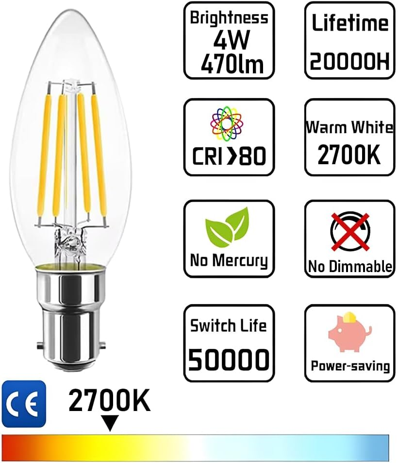 Geminilite 4W B15D Bayonet Candle LED Bulbs, Replacement for 40 Watt Candelabra Light Bulbs, SBC Small Bayonet Cap 2700K Warm White C35 470LM B15 Candle Not Dimmable Filament Chandelier 6 Pack image number 5