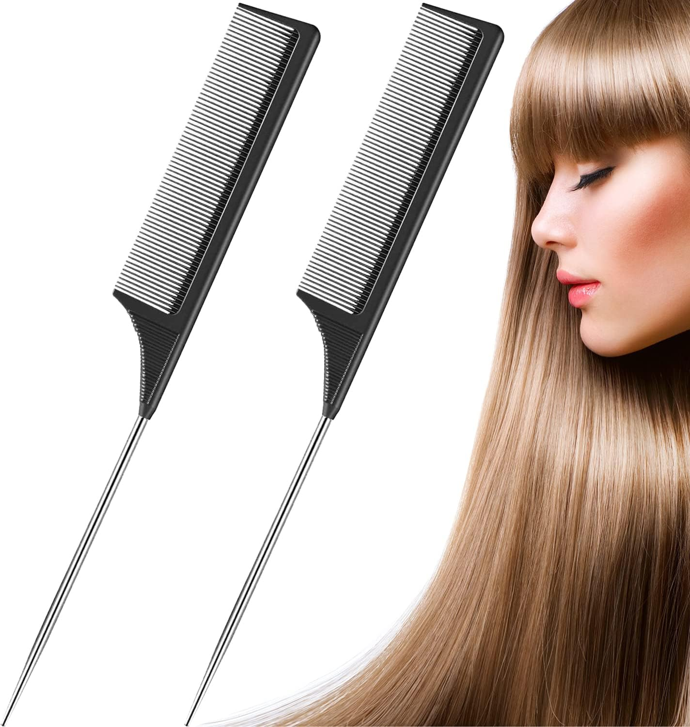 2 Pack Rat Tail Comb, Stainless Steel Pintail and Heat Resistant Carbon Fiber Teasing Parting Hair Comb for Women Girls image number 3