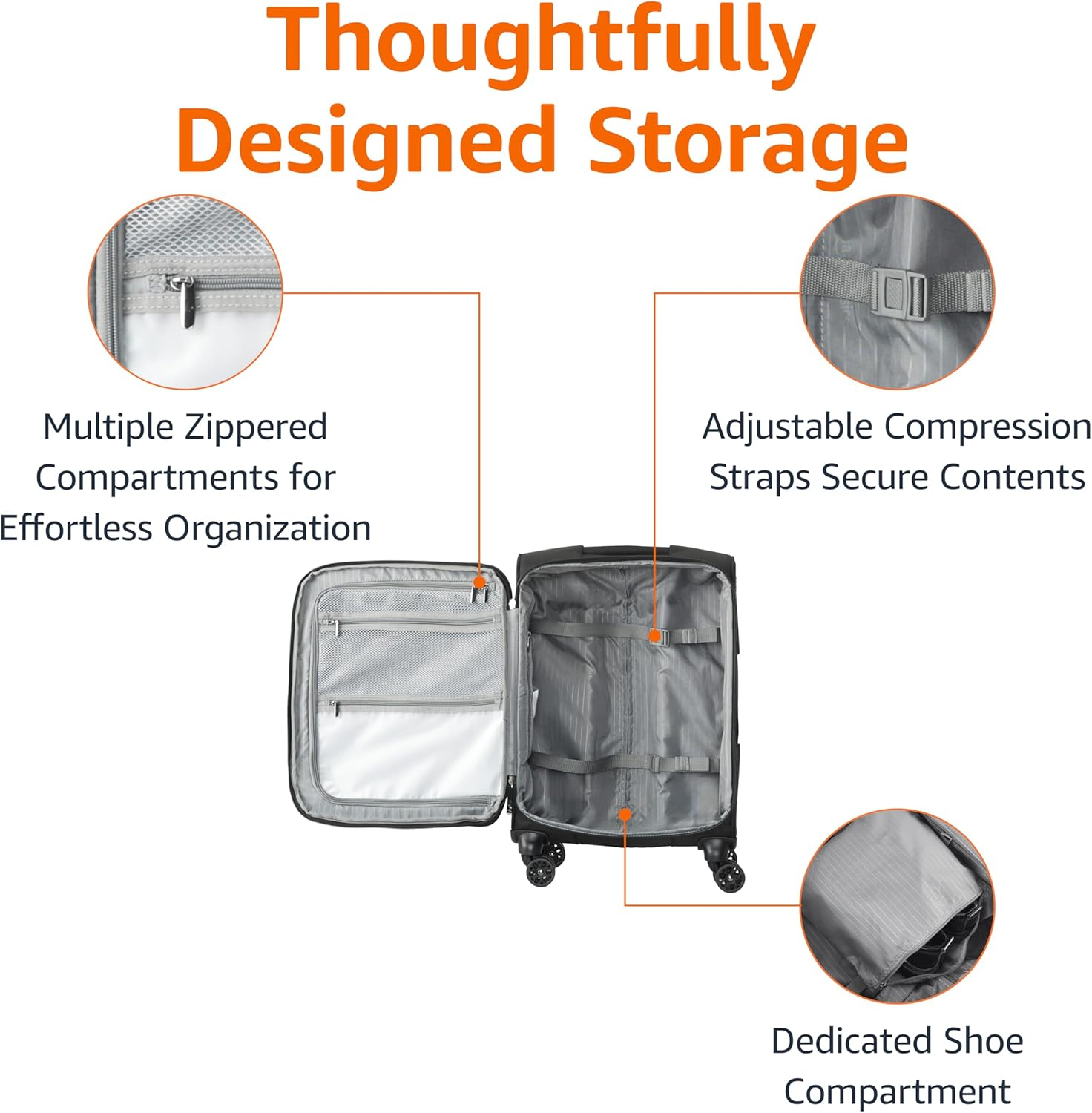 Amazon Basics 58Cm Luggage, Softside Suitcase with TSA Lock, 8 Spinner Wheels, Front Exterior Pocket, 3 Interior Pockets for Dry and Damp Clothes/Towels Separately, Black