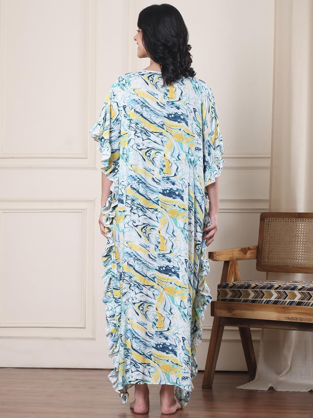 Secret Wish Blue Marble Rayon Maternity Kaftan/Maxi Nighty/Free Size/Feeding/Nursing/Zipper/Drawstring image number 2