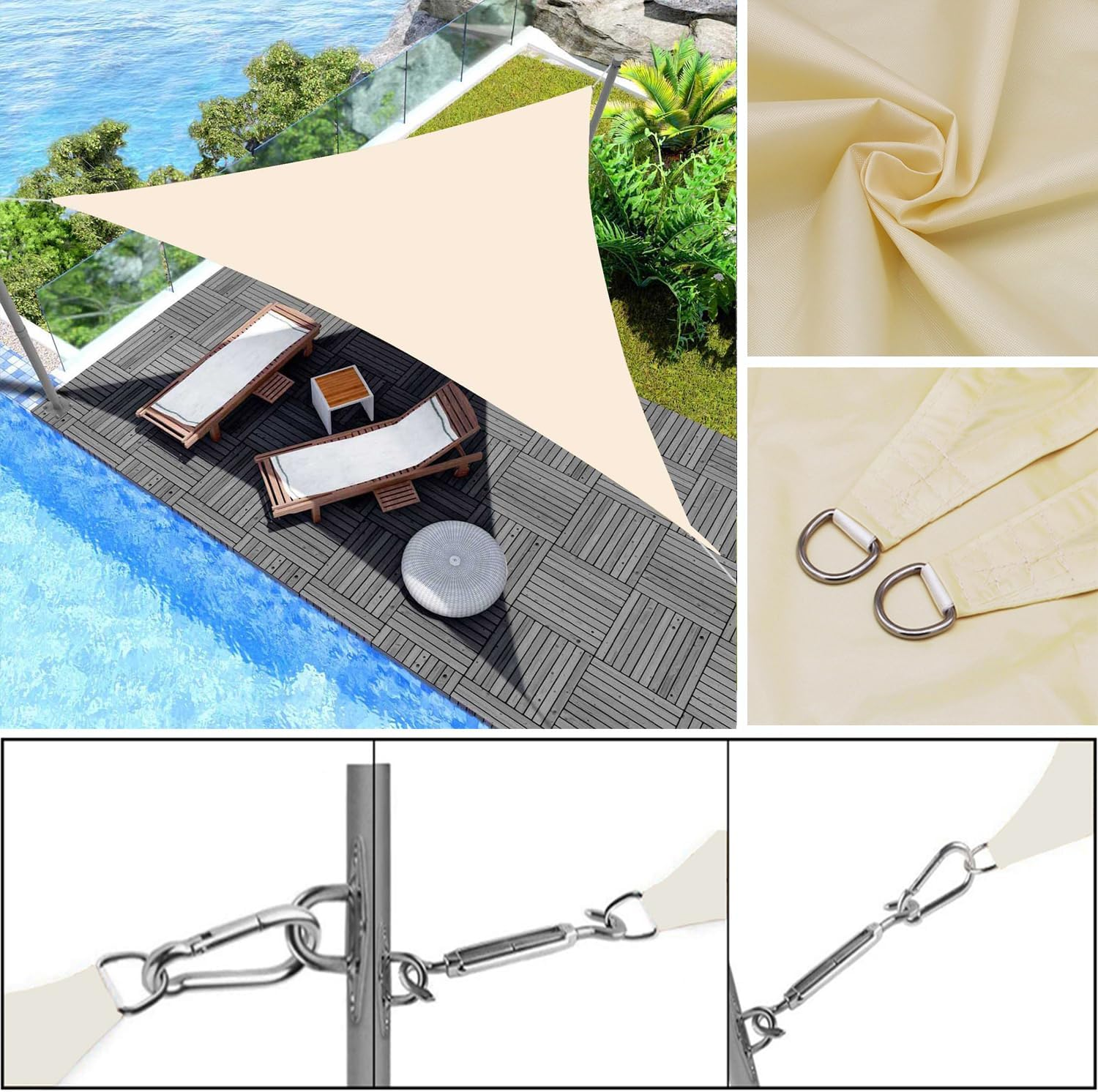Beige1,Jyhcd Triangle Sun Shade Sail, 6.5 X 6.5 X 6.5Ft Waterproof Sunshade Awning Canopy with Fixing Kit,Outdoor UV Block Triangle Shade Sail Canopy Shelter for Garden Patio or Backyard - Beige2 image number 3