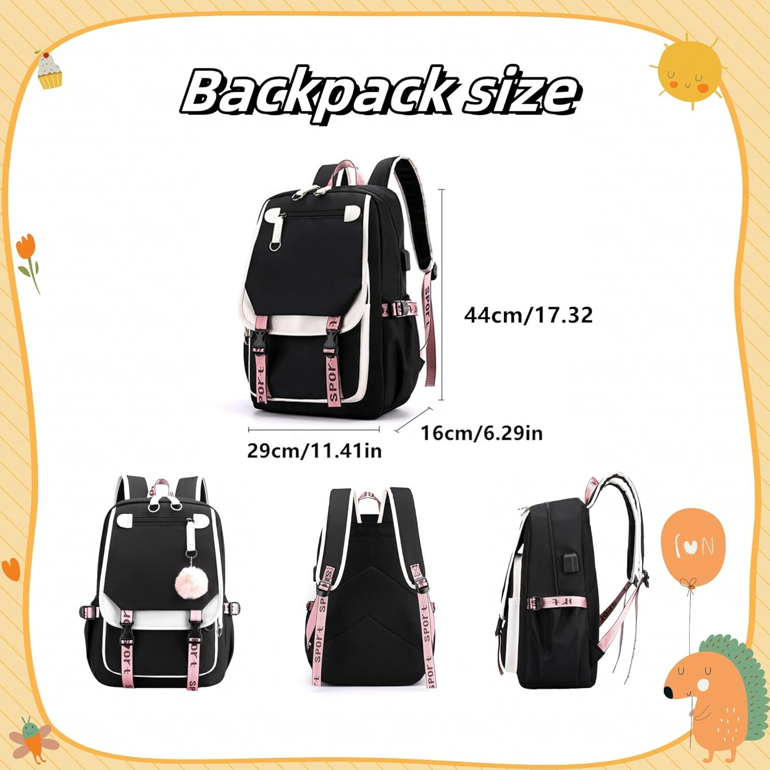 Backpack for Girls Casual Daypack Nylon Waterproof Kids Elementary Middle Schoolbag Children Bookbag - Black+Pink image number 6
