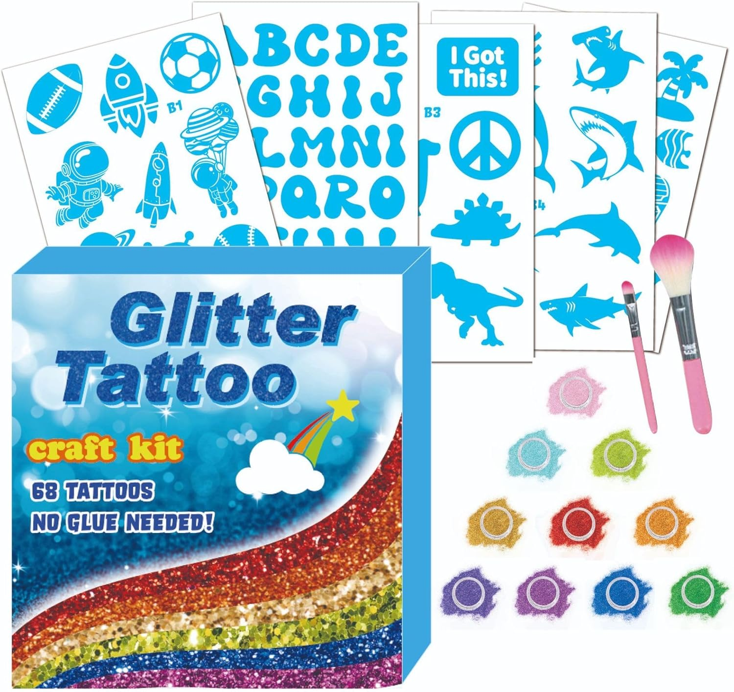 Temporary Glitter Tattoo Kit for Kids, 10 Colors, with 71 Stencils,2 Brushes, Body Glitter Make up Kit, for Cosplay, Birthday Party, Festival (BLUE)