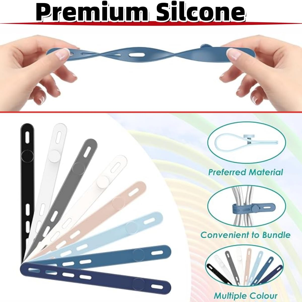 KLHCDUO 30PCS Reusable Silicone Cable Ties, High Elastic Cable Organizer, Multi-Colored image number 3