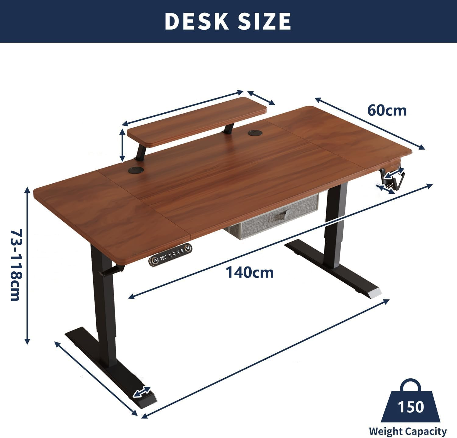 Electric Standing Desk with Drawer, 140X60Cm Height Adjustable Sit Stand up Desk with Storage Shelf,Workstation with Splicing Top for Home Office (Black Frame + Walnut Desktop) image number 4